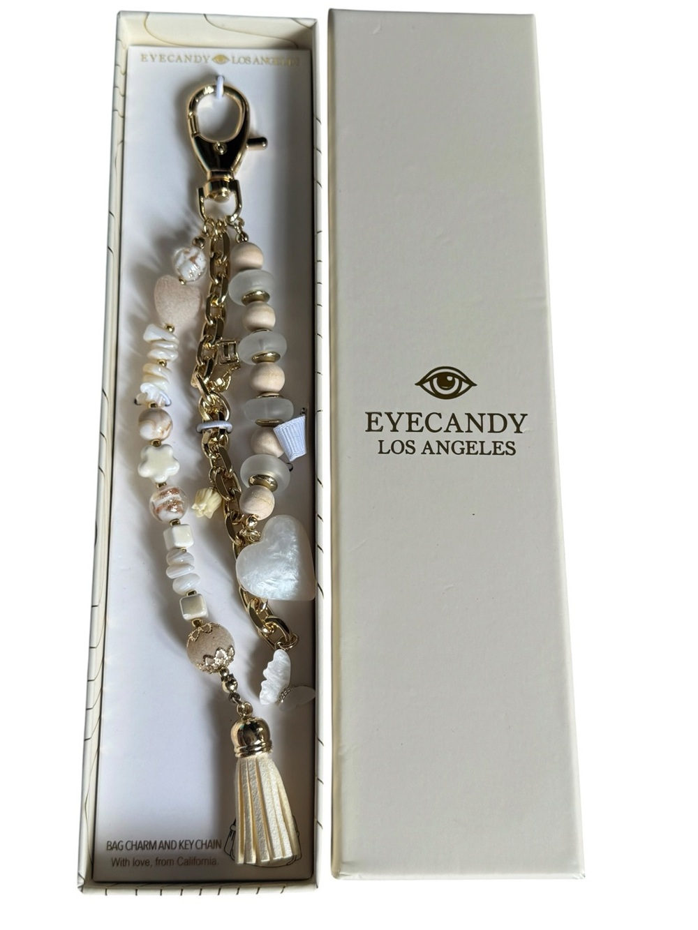 eye candy Beige & Gold Beaded Heart Tassel Key Charm